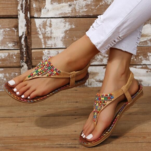 Beaded Flat Thong Sandals w Stretch Heel Strap | Beach Sandals 7 - Picture 1 of 6